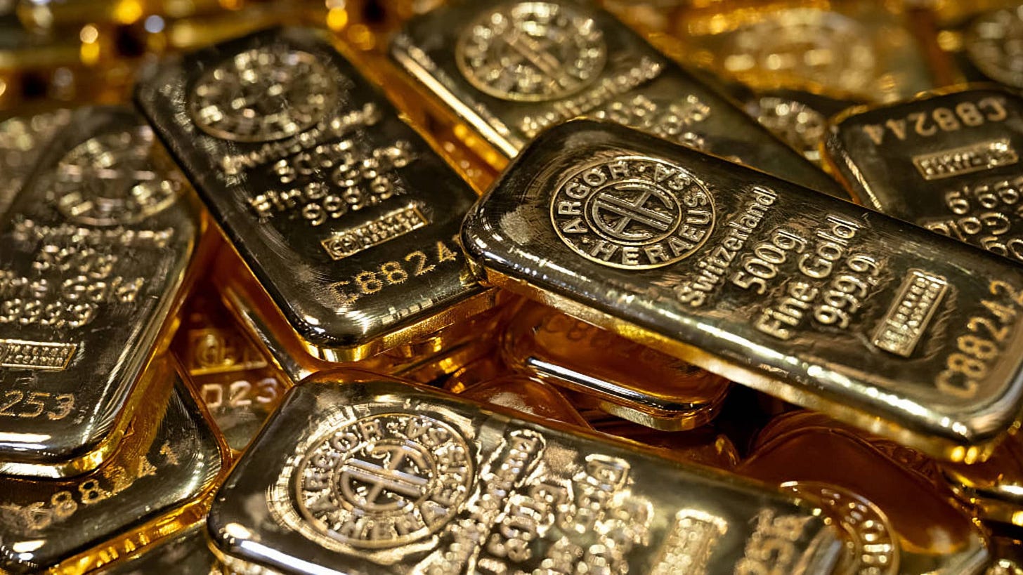 04 April 2025, Bavaria, Munich: Gold bars of different sizes lie in a safe on a table at the precious metal dealer Pro Aurum. Photo: Sven Hoppe/dpa (Photo by Sven Hoppe/picture alliance via Getty Images)