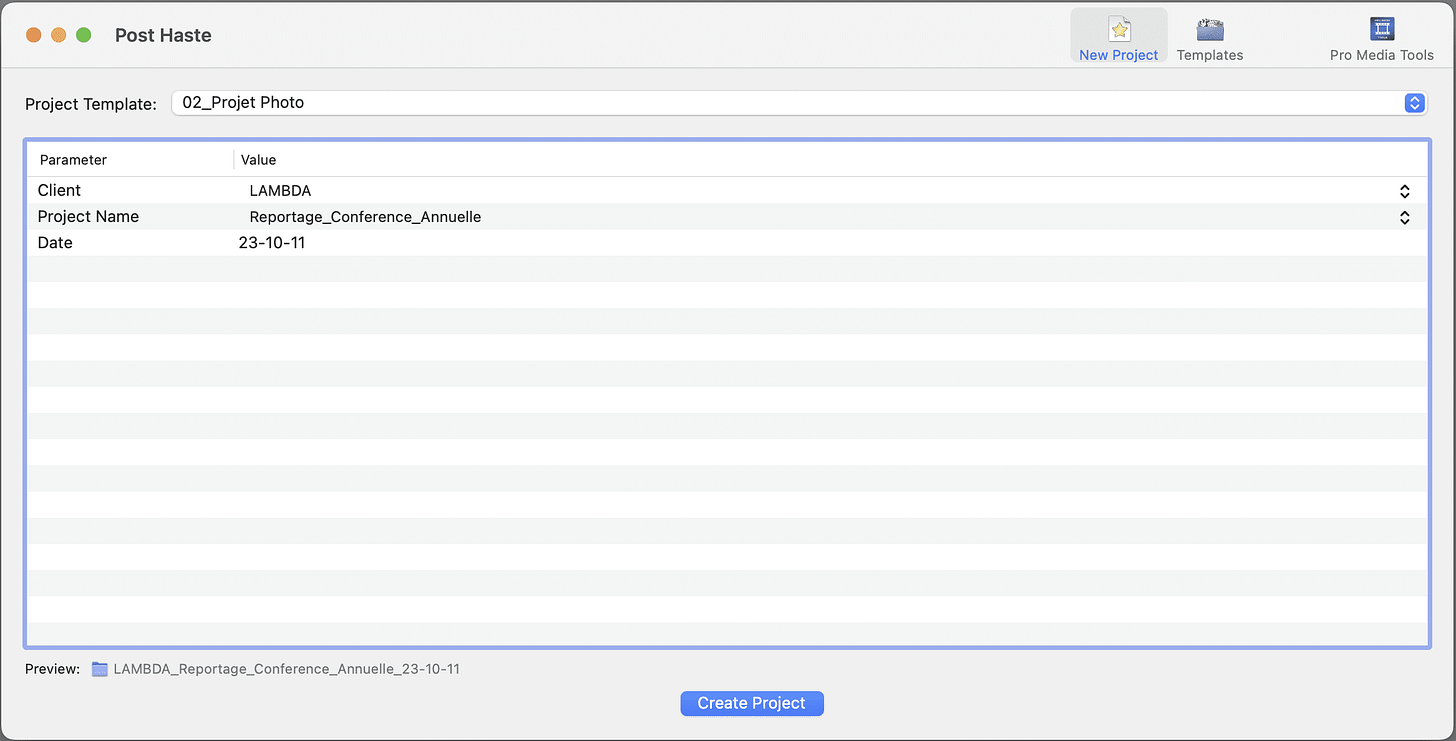 Fenêtre de création de projets dans l'application Post Haste