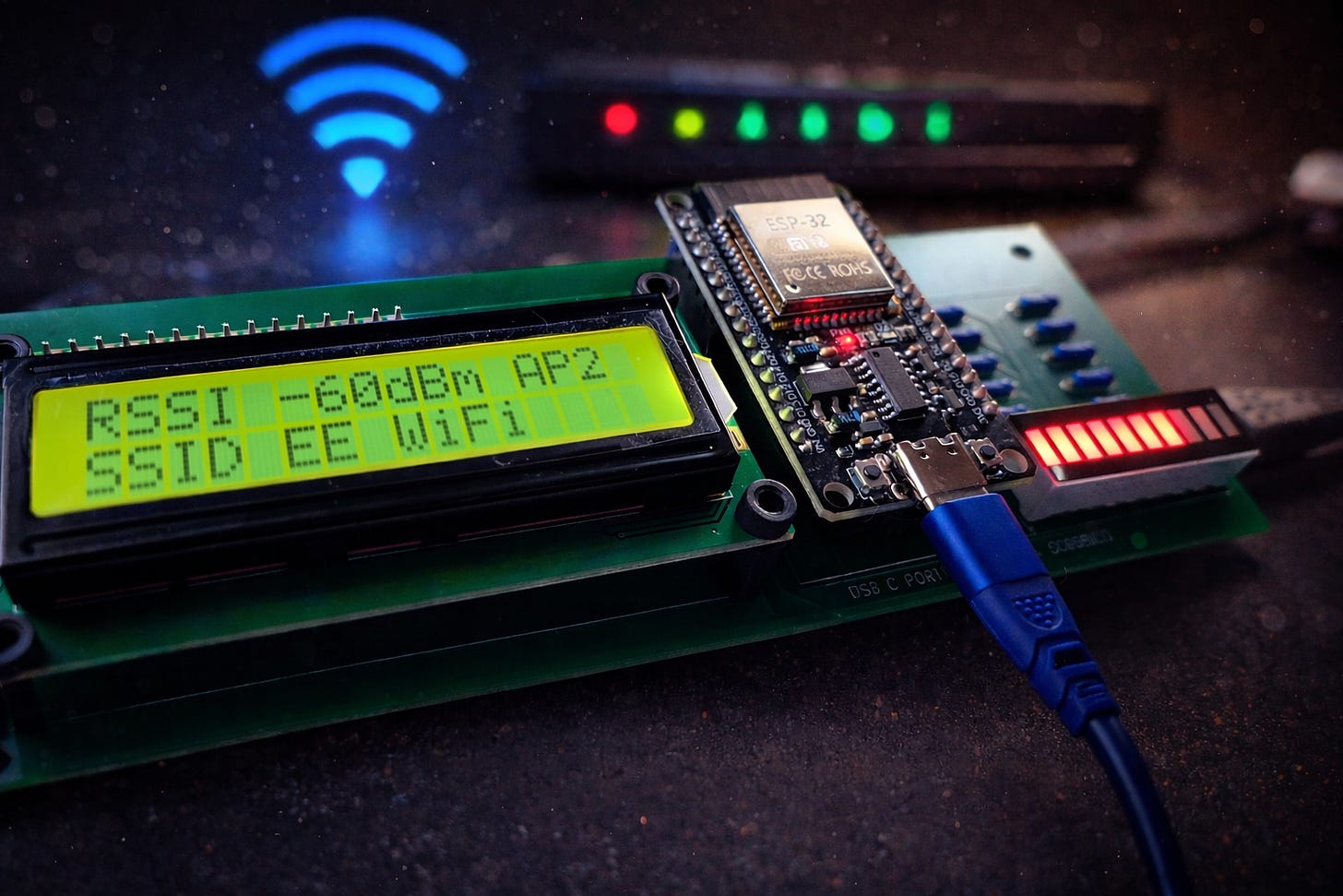 Close-up of the Spectrum One PCB with an ESP32 board, a 16×2 LCD showing RSSI/SSID, and a red LED bar graph.