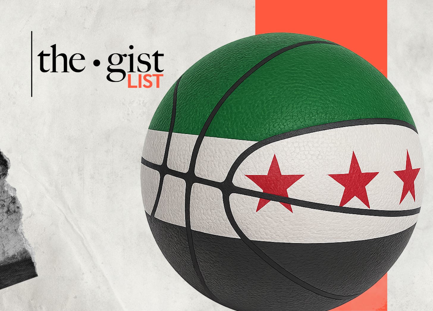 Basketball colored like the Syrian flag with three red stars representing Ahmed al-Sharaa’s meeting with Trump