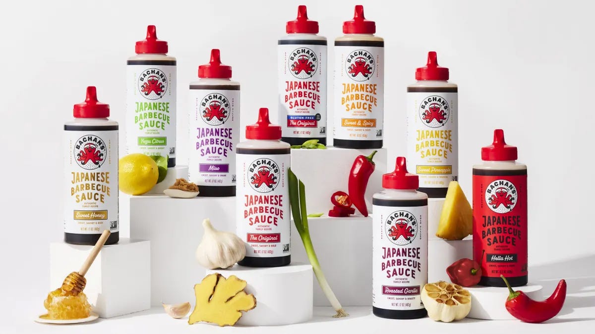 A product display of Bachan's multiple barbeque sauce flavors.