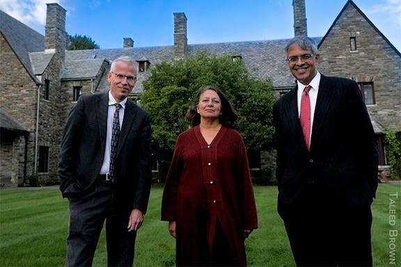 A photo of Dr. Martin Kulldorff, Dr. Jay Bhattacharya, and Dr. Sunetra Gupta