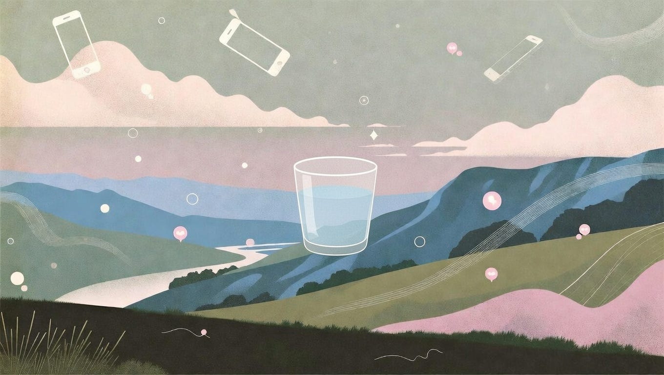 Glass of water floating above landscape. Phones floating on the edges.