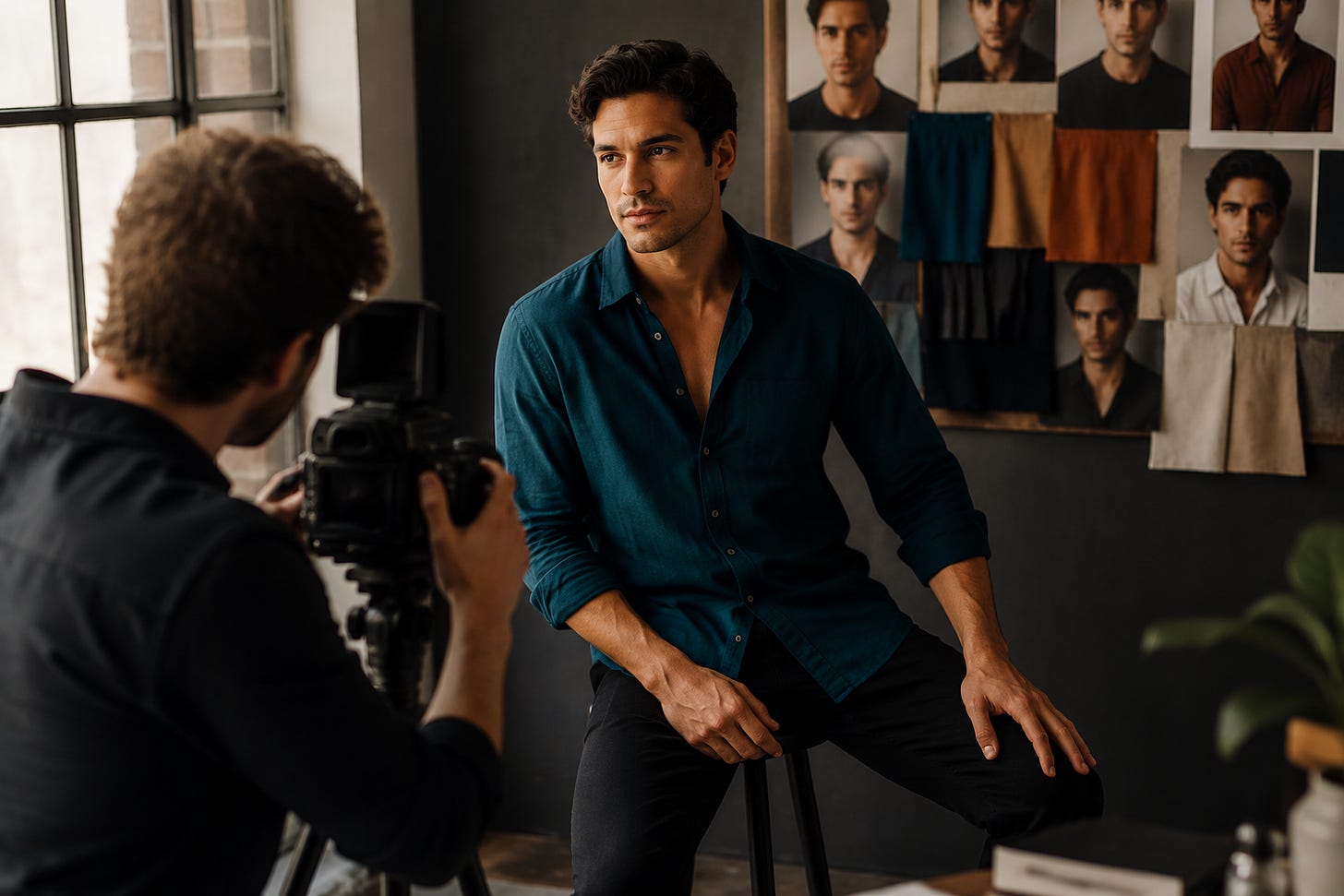 Actor and photographer during a natural-light headshot session in a studio, mood board pinned on the wall