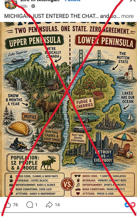 A range of bad AI-generated maps of the Great Lakes region. 