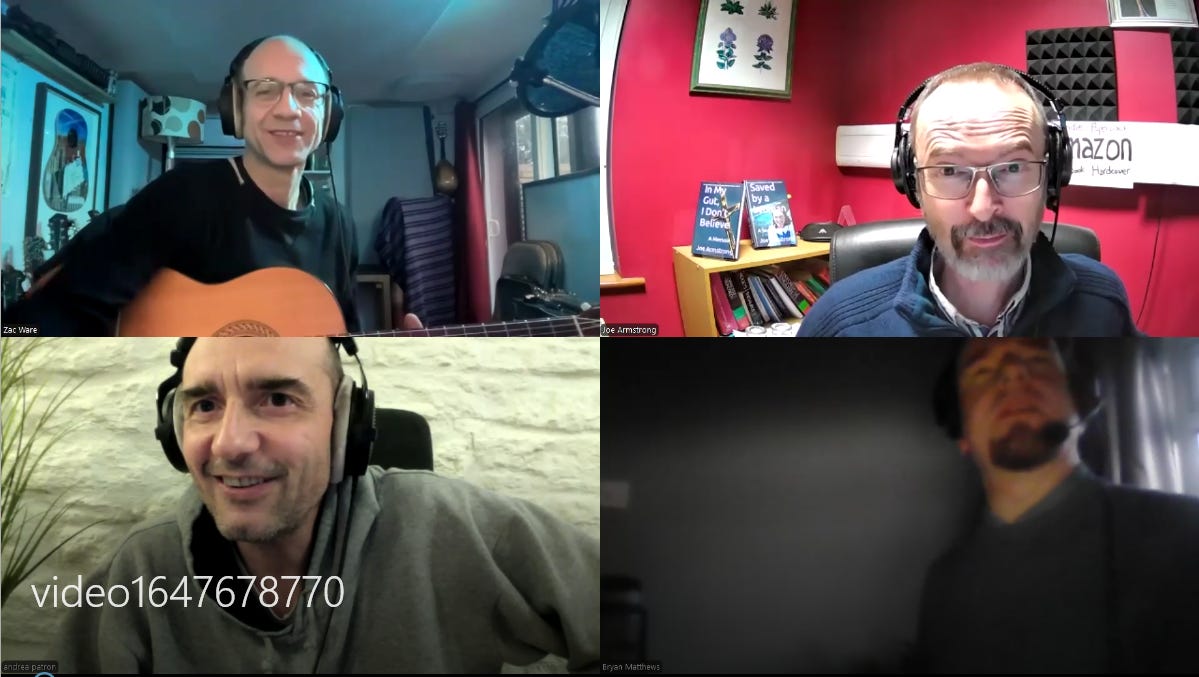 Screenshot of Songwriting Session with Zac Ware, Andrea Patron, Bryan Matthews aka The Rayne and Joe Armstrong on Zoom Screenshot of Songwriting Session with Zac Ware, Andrea Patron, Bryan Matthews aka The Rayne and Joe Armstrong on Zoom
