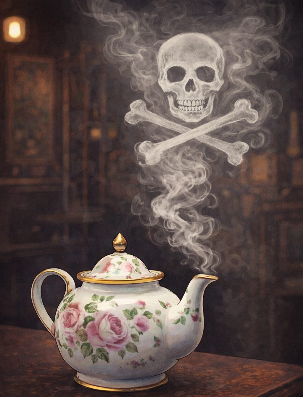 An illustration of a white porcelain teapot decorated with pink roses and pale green leaves, resting on a wooden table. Pale steam rises from the spout and curls into the shape of a skull and crossbones. The background is softly blurred and dimly lit, creating a moody, slightly ominous atmosphere that contrasts with the teapot’s delicate floral design.