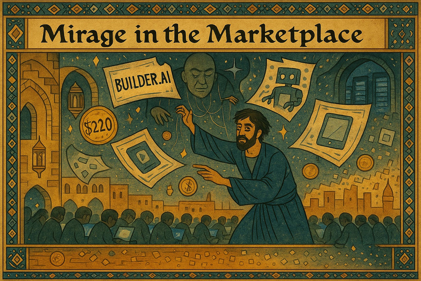 Maqāma II: Mirage in the Marketplace Illusions dance in golden scrolls, while tired hands type beneath unseen strings— beware the shimmering mirage, for even fools can wear the robes of wisdom.