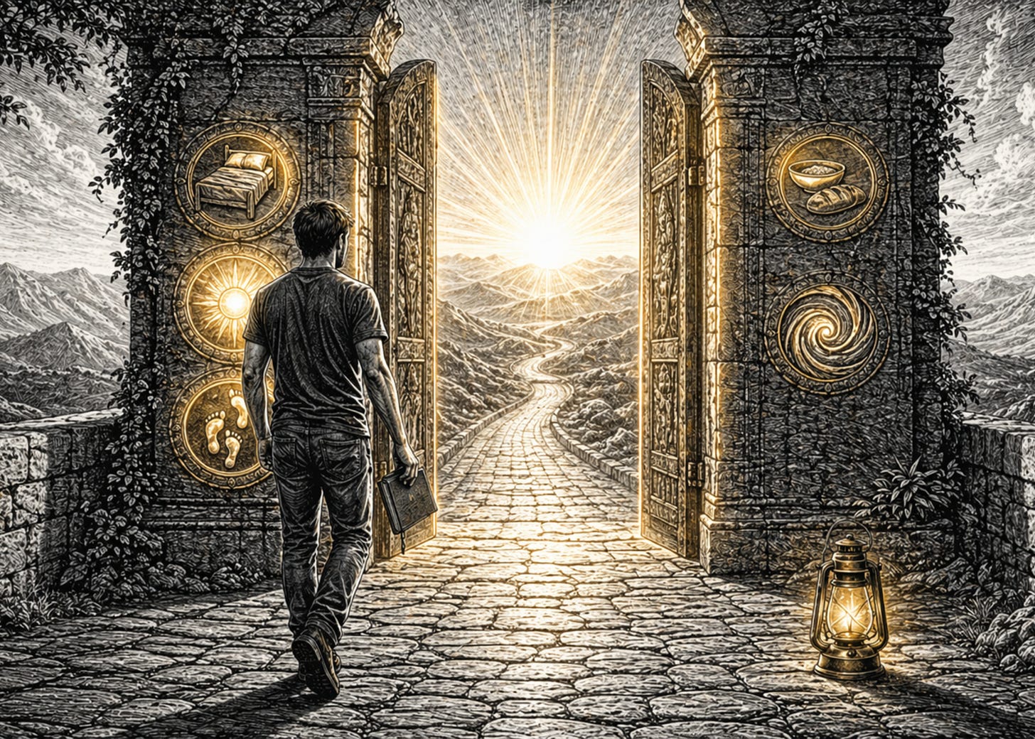 A man walks a cobblestone path toward a sunlit stone gateway ringed with symbols of sleep, light, movement, and food.