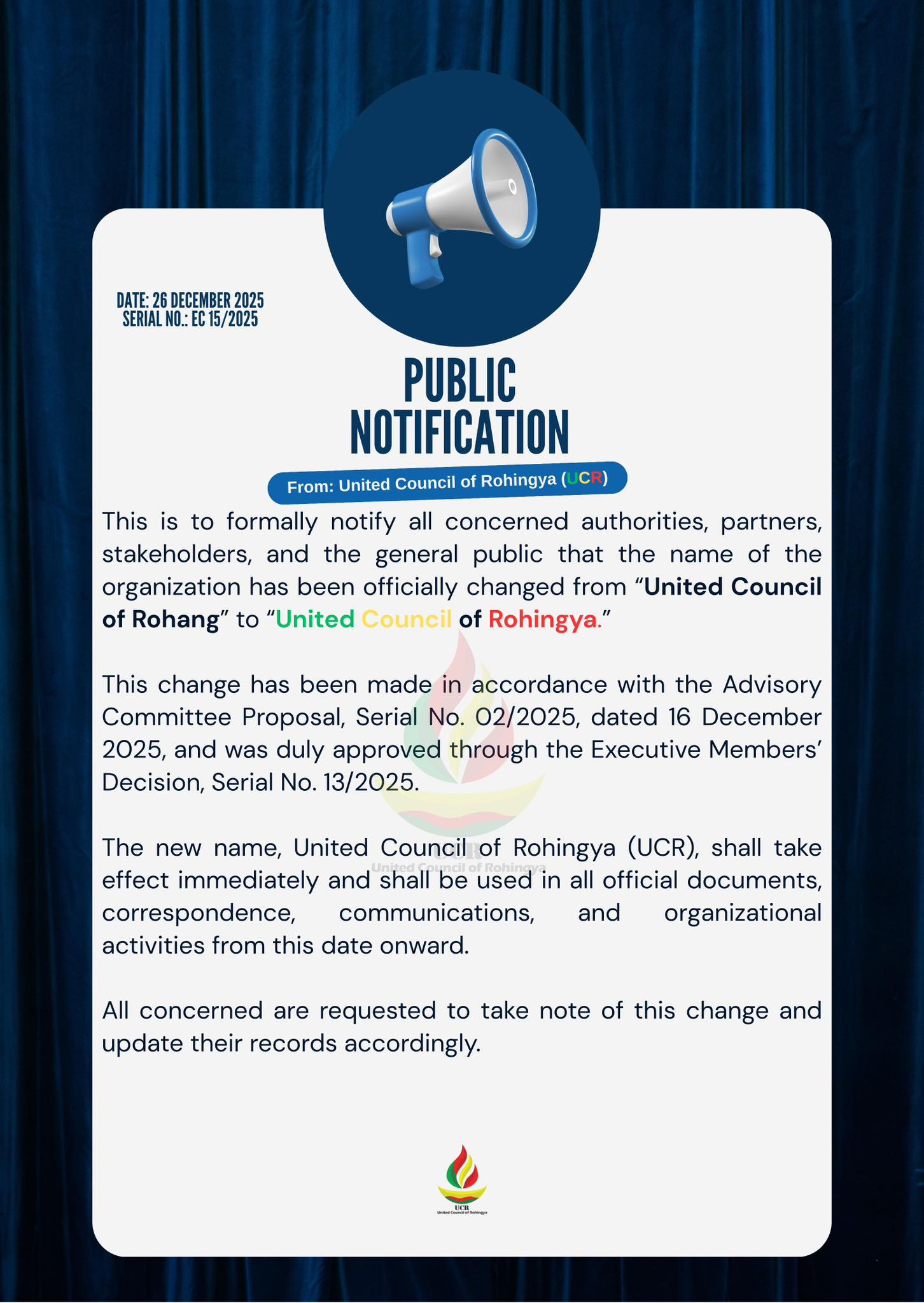 Screenshot of a public notification dated 26 December 2025 announcing that the United Council of Rohang changed its name to the United Council of Rohingya.