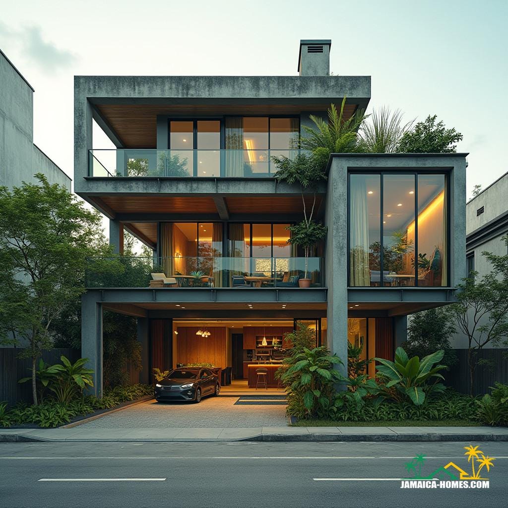 Ultra-modern urban house in the heart of Kingston, Jamaica, blending industrial and tropical design elements, featuring exposed steel beams, rough-hewn concrete walls, and expansive glass panels that seamlessly integrate with lush greenery and warm wooden accents. The building's façade is set against a backdrop of vibrant city life, with bustling streets and colorful market stalls. Flexible live-work spaces, smart home technology, and a rooftop lounge area offering breathtaking views of the city skyline. 