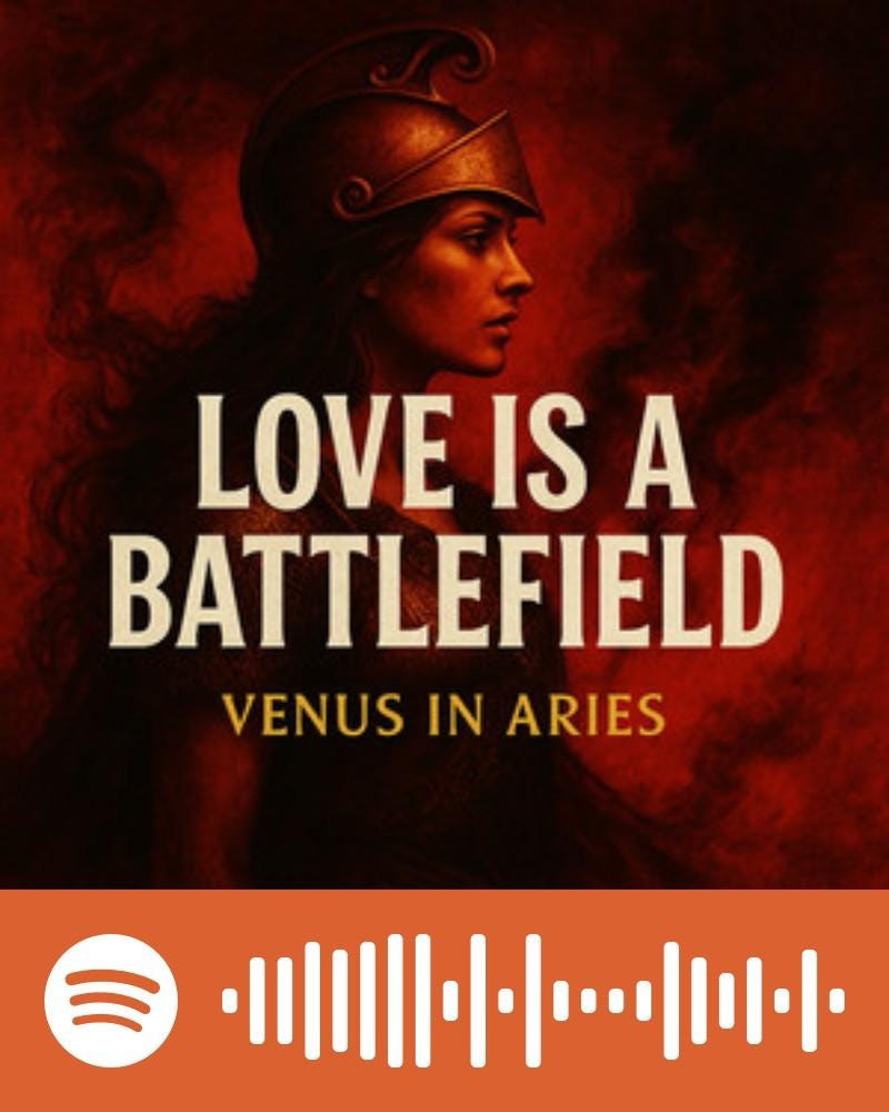 A red and black graphic featuring a warrior woman in bronze armor facing right, with the text "Love Is a Battlefield – Venus in Aries" in bold white and gold letters. Below the image is an orange Spotify code that can be scanned to access the playlist.