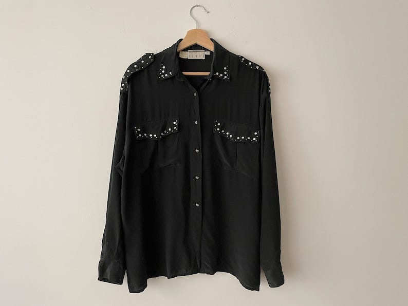 Vintage Silk Blouse 1980s Ann Tjian for Kenar Rhinestone Studded Silk Top with Epaulettes Large/XL image 4