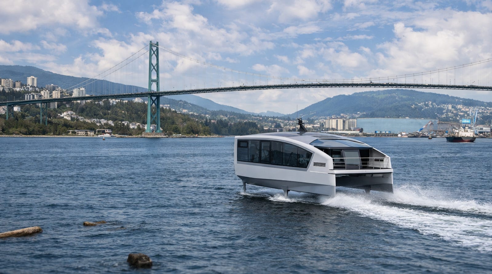Electric hydrofoil near Vancouver contrasted with logs, wildlife constraints, terminals and broader ferry electrification. Electric hydrofoil near Vancouver contrasted with logs, wildlife constraints, terminals and broader ferry electrification.