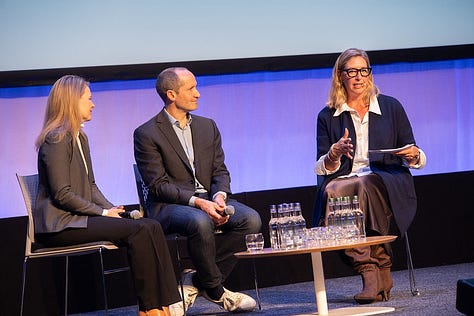 A gallery of images showing Molly Wood moderating fireside chats, panels, giving a keynote, and promoting a Climate Week event.