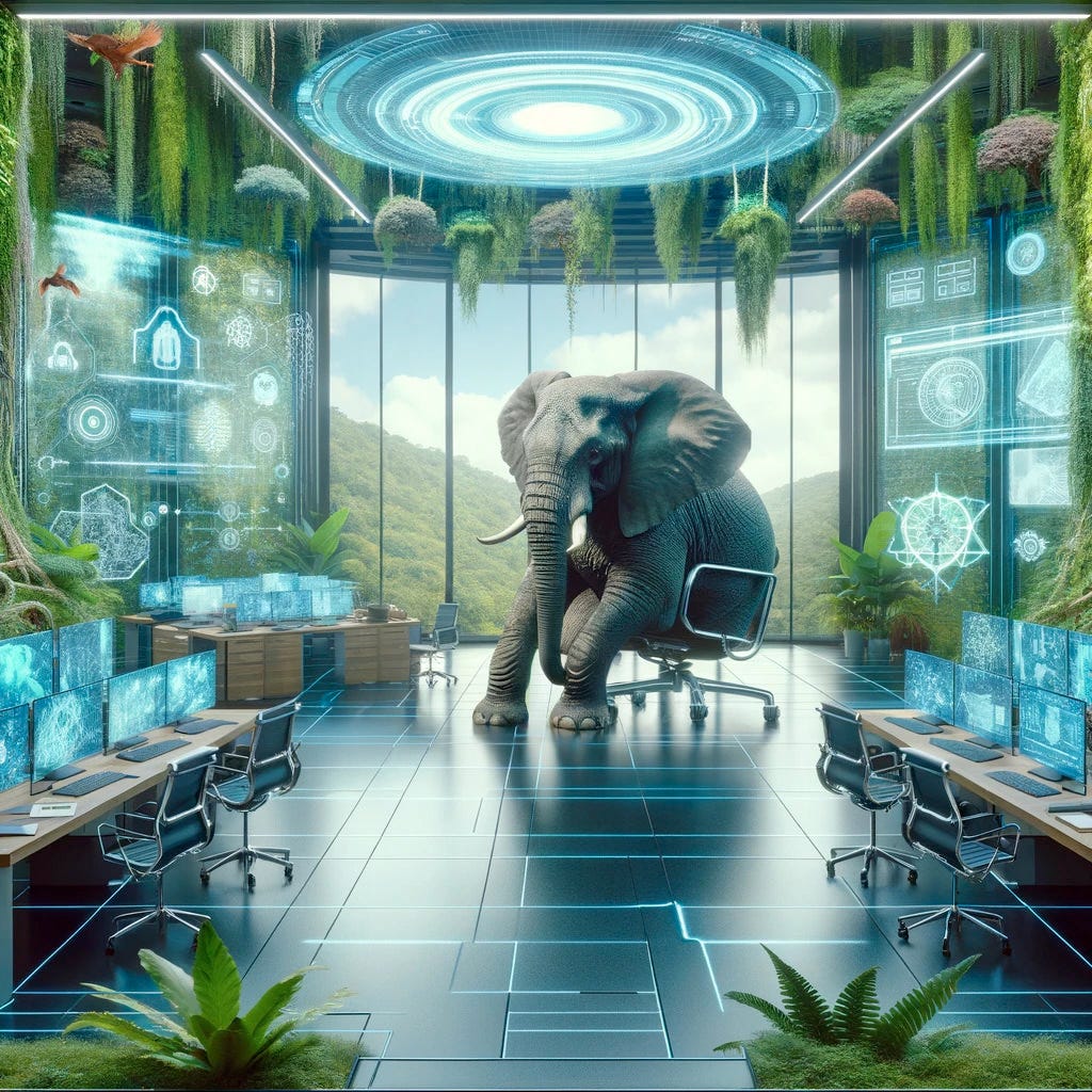 AI-generated image of an elephant sitting alone in a futuristic looking office full of tech and floating plants