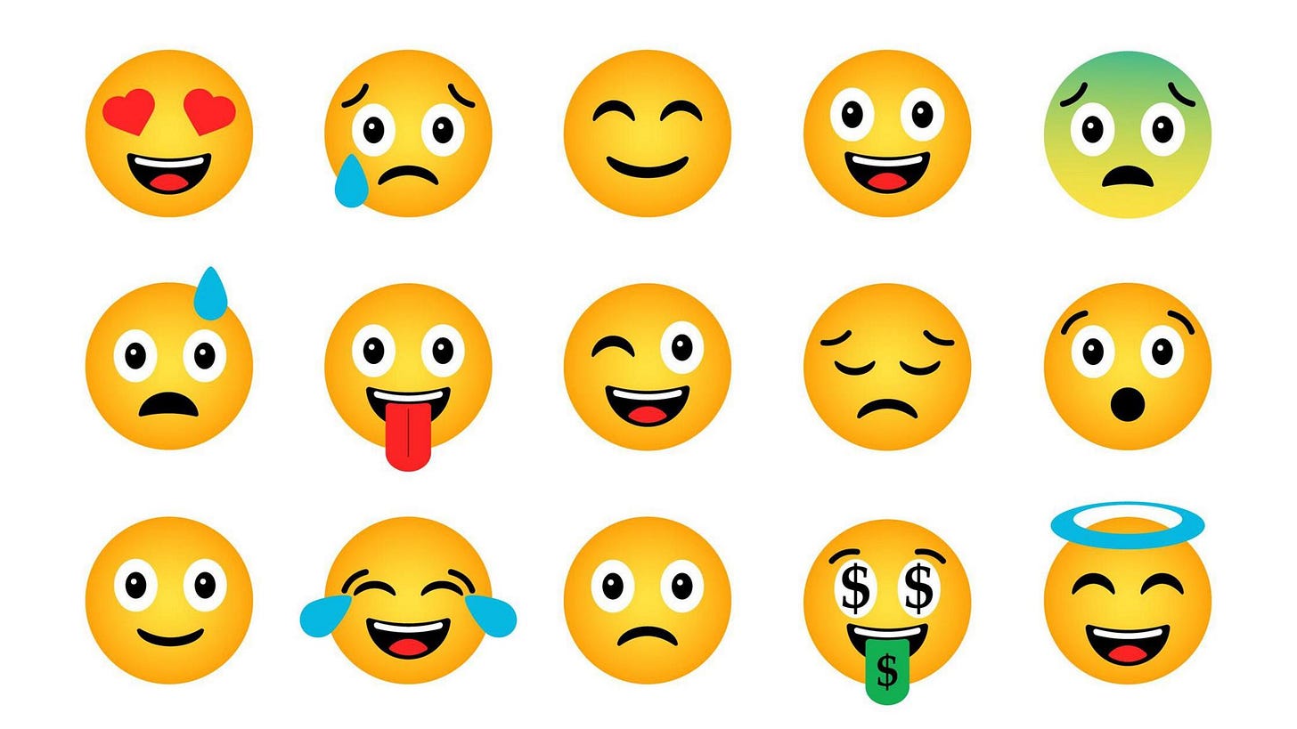 a range of different emojis such as the crying laughing face, smiley face and sad face