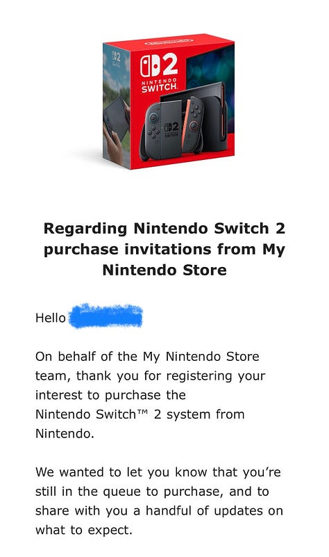 My Nintendo Store Switch 2 pre-order email