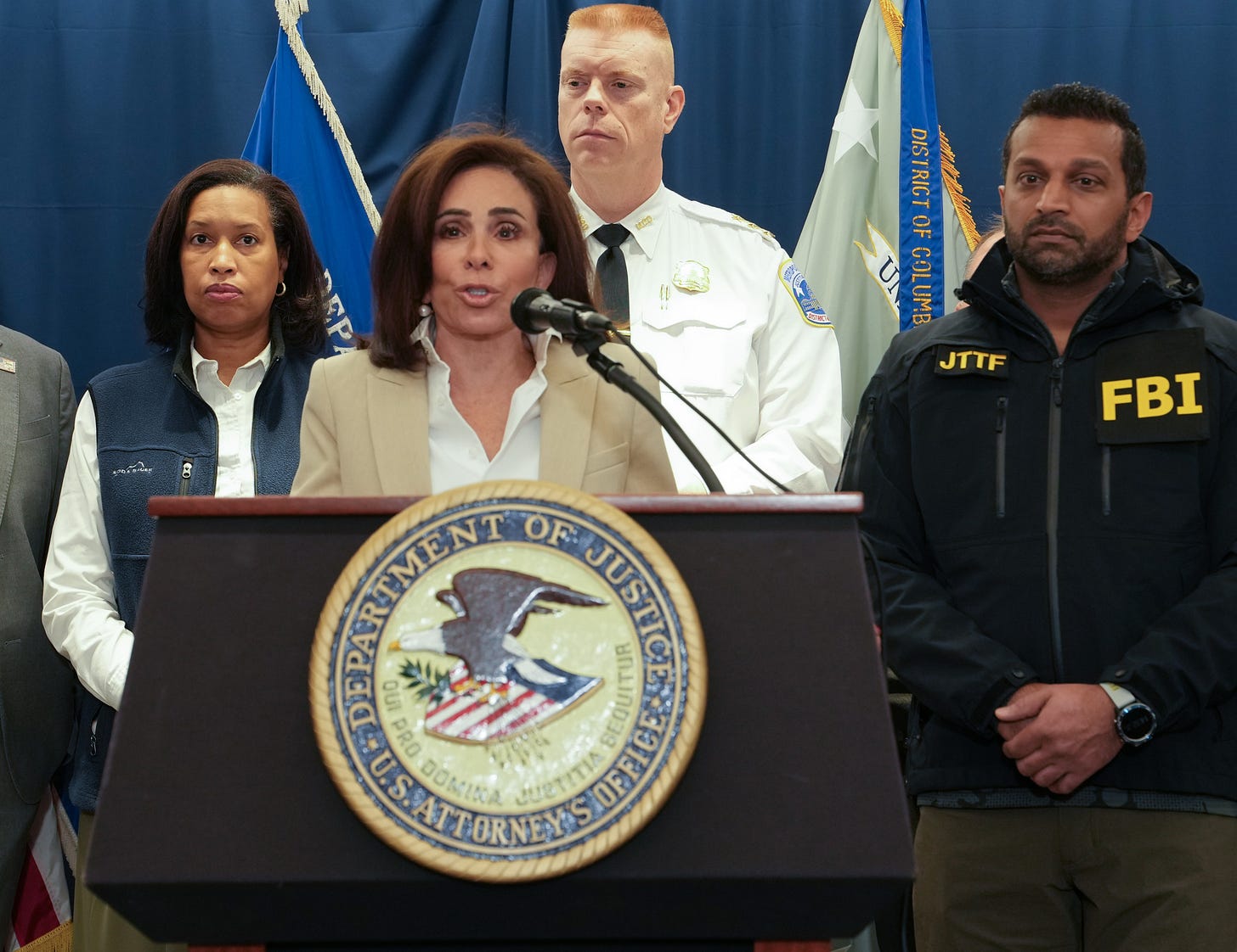 U.S. Attorney for the District of Columbia Jeanine Pirro speaks to the press Thursday about the investigation into the shooting of two West Virginia National Guard members. Looking on are Washington, D.C., Mayor Muriel Bowser (from left), D.C. Executive Assistant Police Chief Jeffery Carroll and FBI Director Kash Patel.