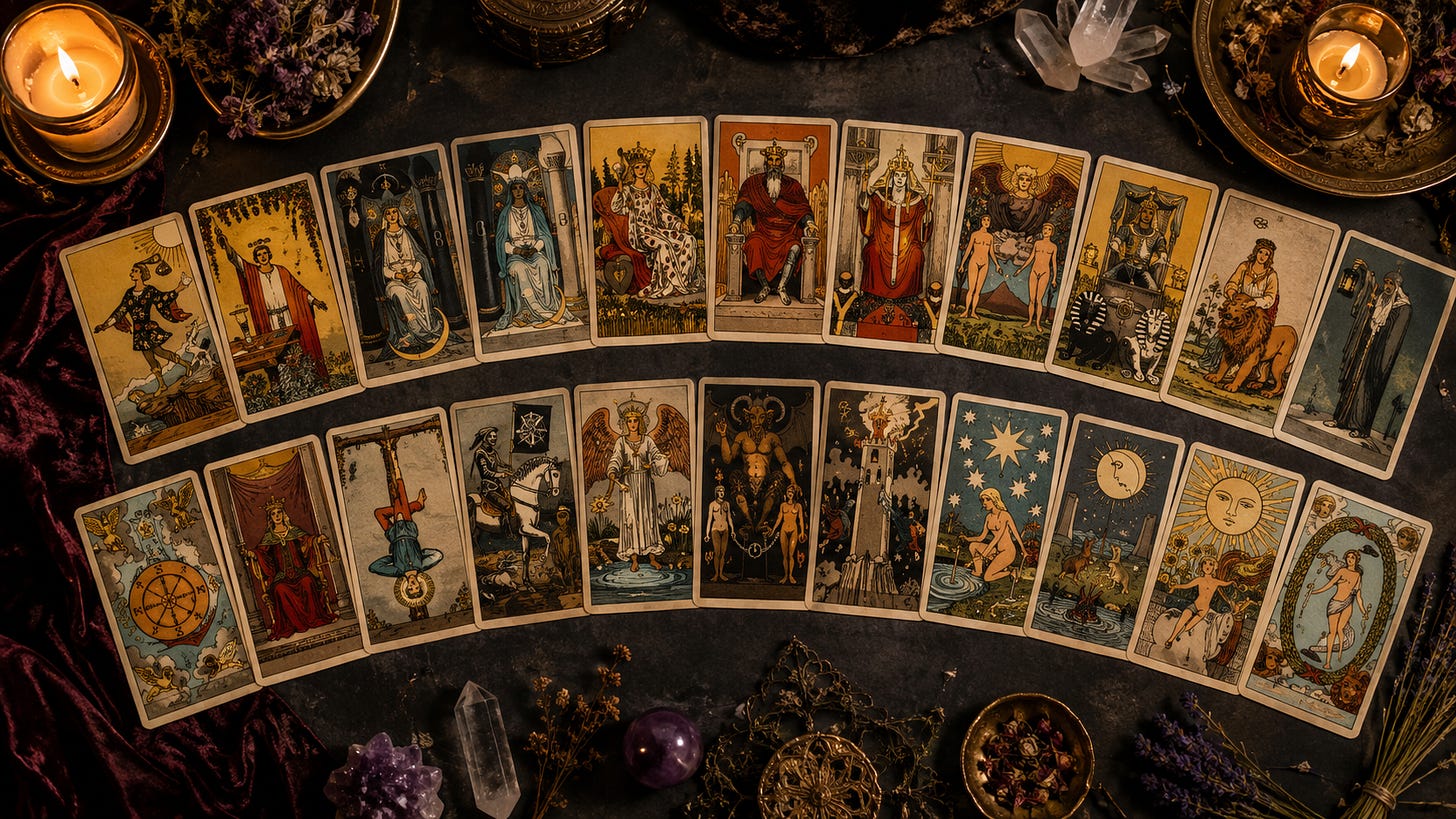 All 22 Major Arcana cards laid out in two curved rows, from The Fool through to The World.