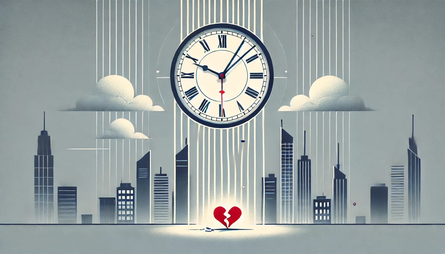 A minimalist and conceptual illustration representing dating rejection due to not being ready for a relationship. The image features a soft grayscale city skyline in the background with a clock face floating prominently in the center, its hands stuck between two hours, symbolizing indecision or bad timing. Below the clock is a small red broken heart resting on the ground, emphasizing the missed connection. Subtle abstract lines radiate from the clock, suggesting the tension of waiting or unreadiness. The color palette includes muted grays and blues with red as the accent for the heart. The mood is reflective and wistful, capturing the challenges of mismatched timing in modern dating.