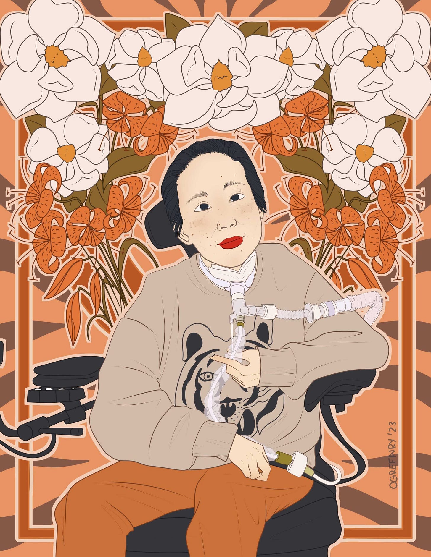 Digital portrait of an east asian woman who has black hair pulled back. She is wearing red lipstick, a tiger themed gray sweatshirt, and orange pants as she has a trach in her neck that is attached to a device that she is holding gently in her hands. She is sitting in her power wheelchair. The background is art nouveau inspired and tiger stripe themed with magnolias and tiger lilies and the color theme is mostly orange and black and white.