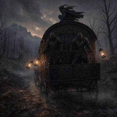 Carnival wagon barreling down the Old Svalich Road, lanterns swinging wildly in thick mist. Fleetwood and Clarion stand armored at the tailboard, silhouettes braced against the fog-choked dusk. Silverleaf crouches on the roof, cloak snapping in the wind as he watches the treeline for unseen pursuers. Barovian twilight atmosphere, dramatic motion, gothic tension.