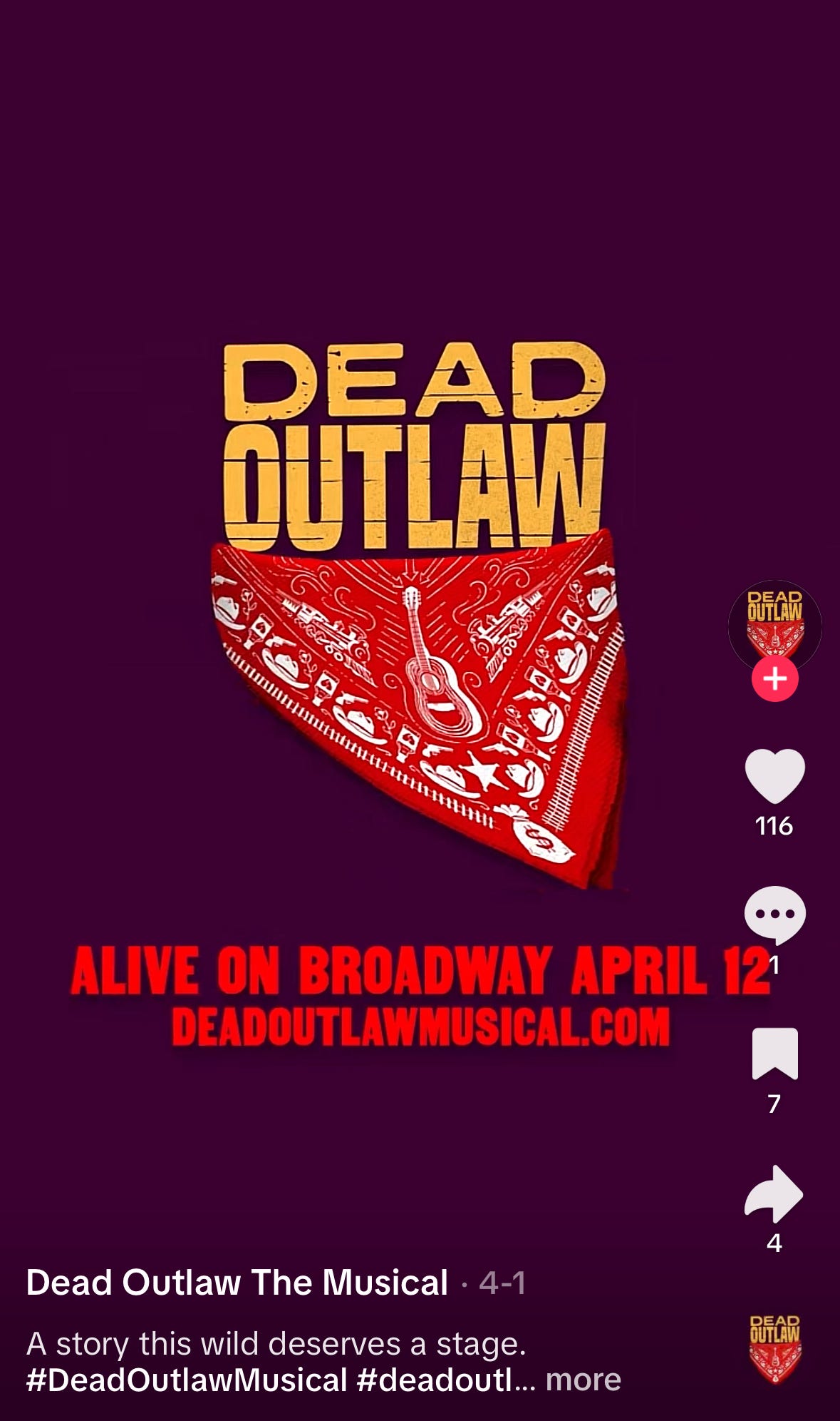 Screengrab of a promotional TikTok video for Dead Outlaw: a graphic with the title of the show and its opening date, April 12.