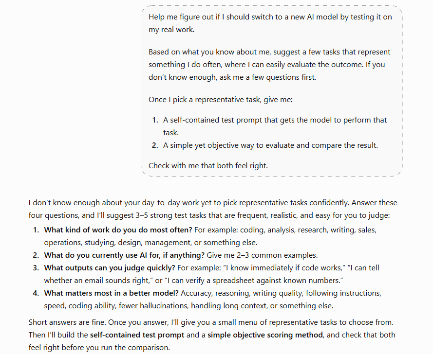 ChatGPT asks four questions about my work, AI use, tasks I can judge, and what matters when choosing a better model. ChatGPT asks four questions about my work, AI use, tasks I can judge, and what matters when choosing a better model.