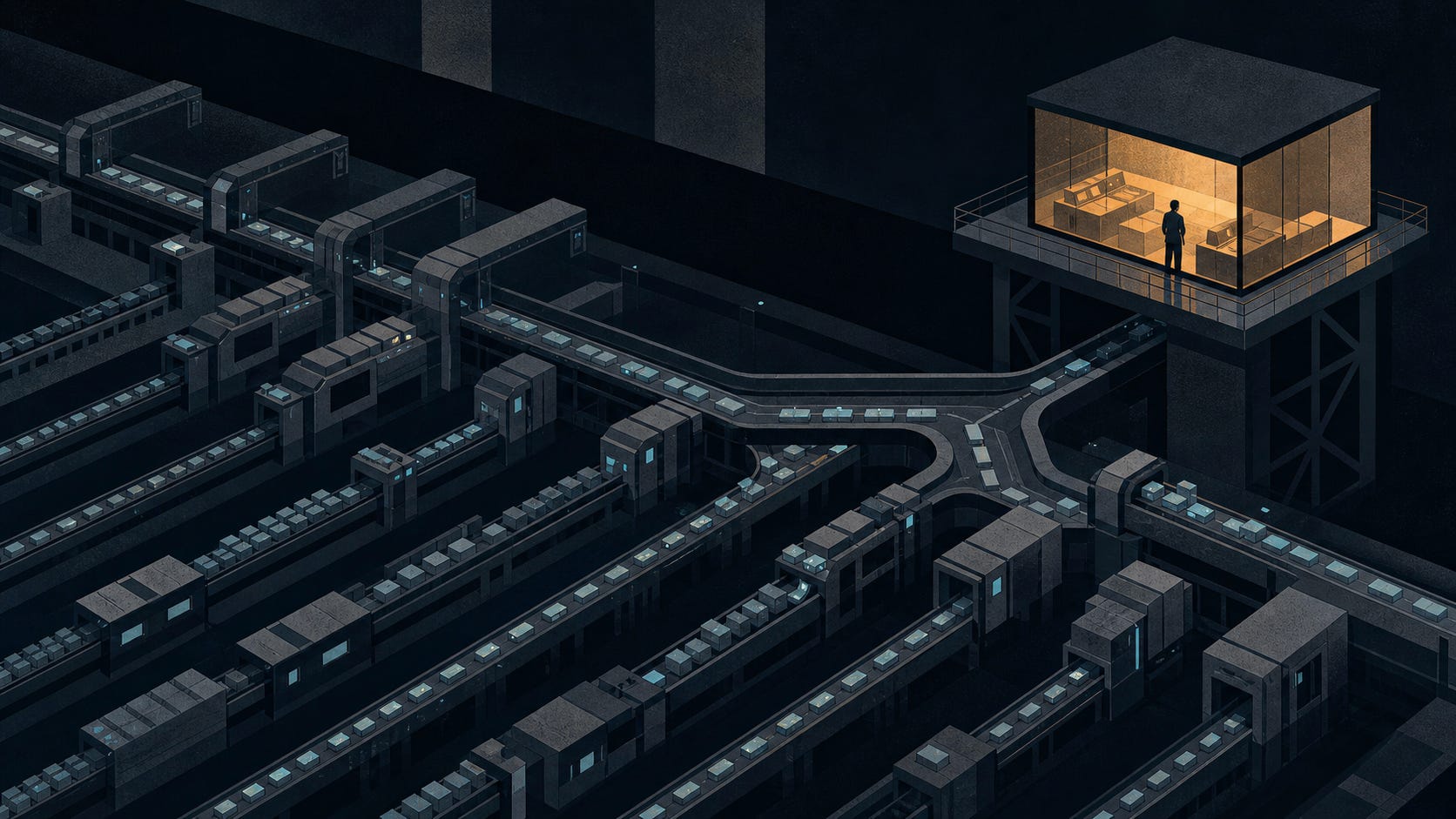 an image of a dark factory floor with many automated lines, above an illuminated control room with one member standing