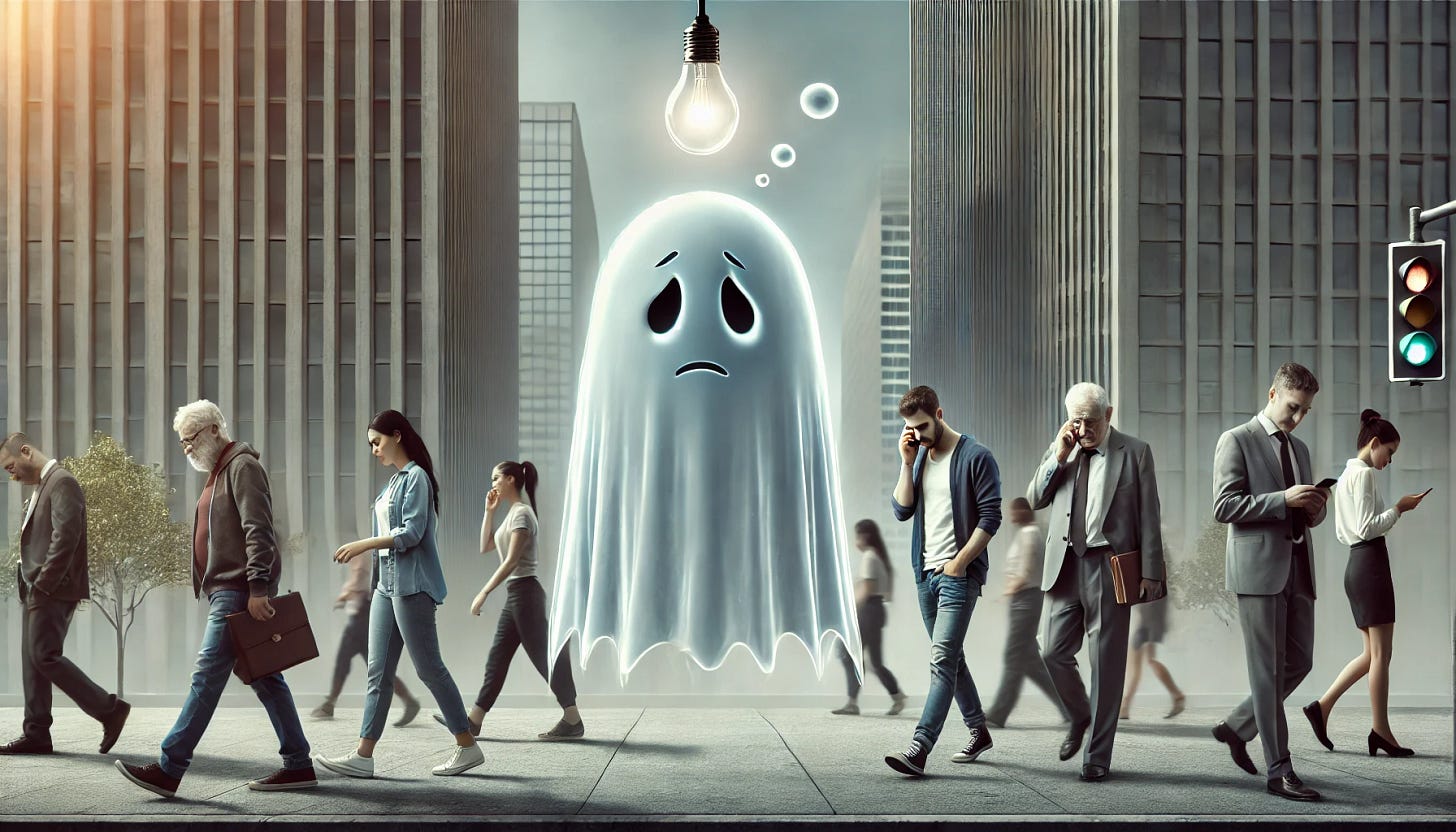 A ghostly figure representing an idea, semi-transparent and floating, with a thought bubble above its head containing a light bulb. The ghost has a sad expression and is surrounded by a group of people who are walking by, completely ignoring it. The people look busy and preoccupied with their own activities, such as talking on phones, reading newspapers, and chatting with each other. The scene is set in a modern city street with tall buildings and a few trees in the background. The atmosphere is slightly gloomy, reflecting the ghost's ignored presence.