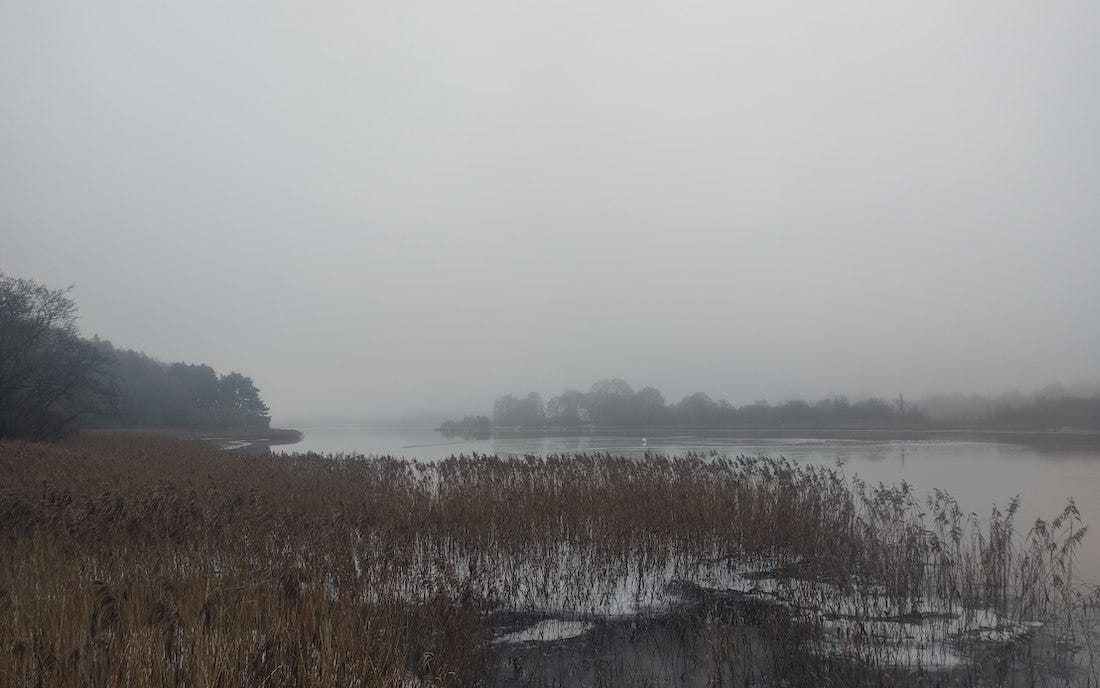 Very grey sky over the loch and mist obscures the far view