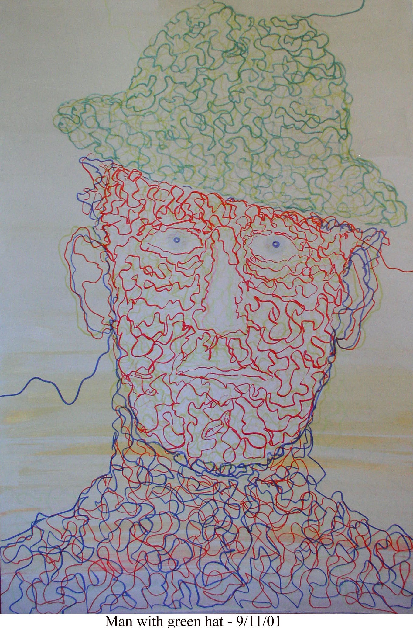 face made of red squiggly lines and hat of green squiggly lines, facing forward and staring out