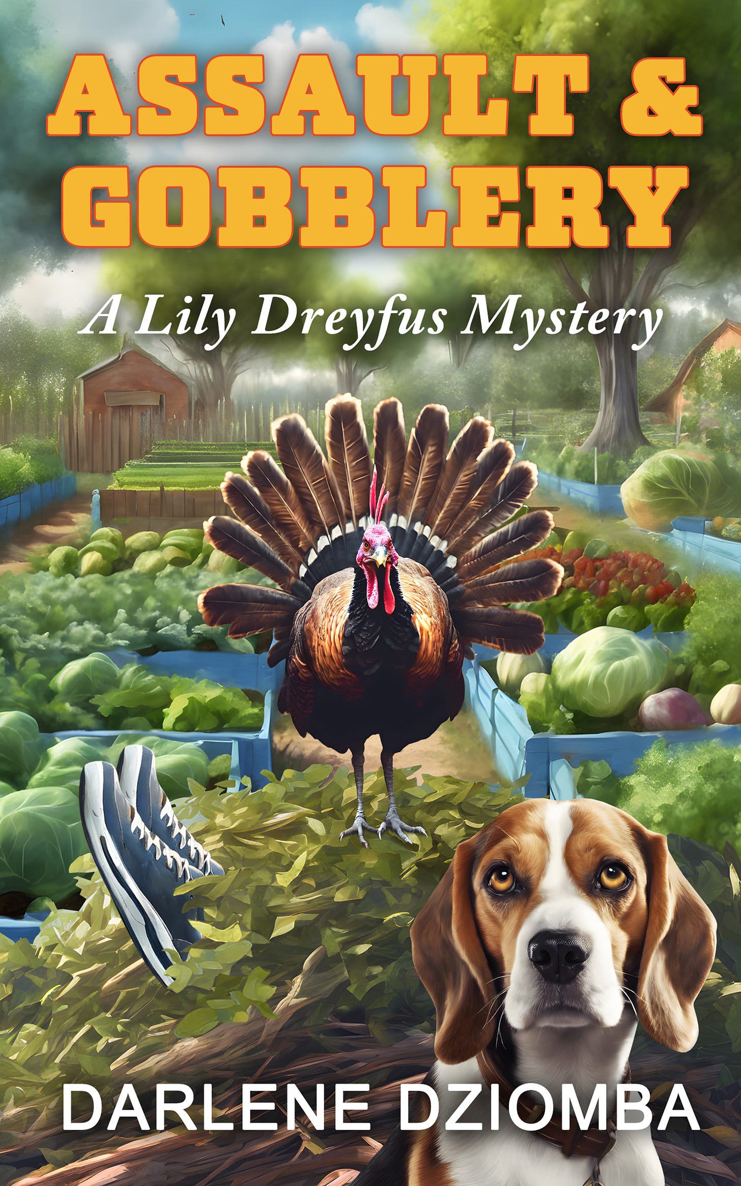 Book cover of Assault and Gobblery by mystery writer Darlene Dziomba. Picture shows a dog and a turkey.