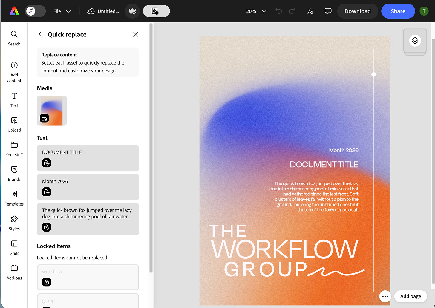 Adobe Express template showing an e-book cover layout with text fields for title, date, and description, while key design elements like layout, typography, and branding are locked and cannot be edited.