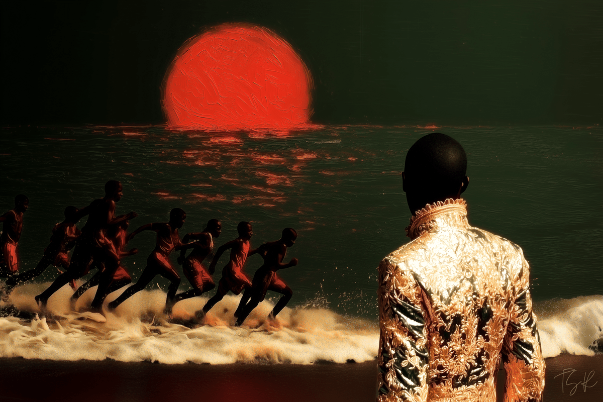 The Subtext Review: Art for "All that Refuses to Die" by Michael Imossan. In a broody, dim, forest-green setting, a man in a shimmering gold-brocaded jacket watches dark-skinned figures in simple clothing sprinting through the surf under an ominous, melting red sun. The Subtext Review: Art for "All that Refuses to Die" by Michael Imossan. In a broody, dim, forest-green setting, a man in a shimmering gold-brocaded jacket watches dark-skinned figures in simple clothing sprinting through the surf under an ominous, melting red sun.