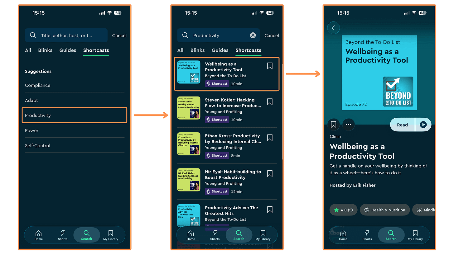 Blinkist’s Shortcasts (mobile app + dark mode)
