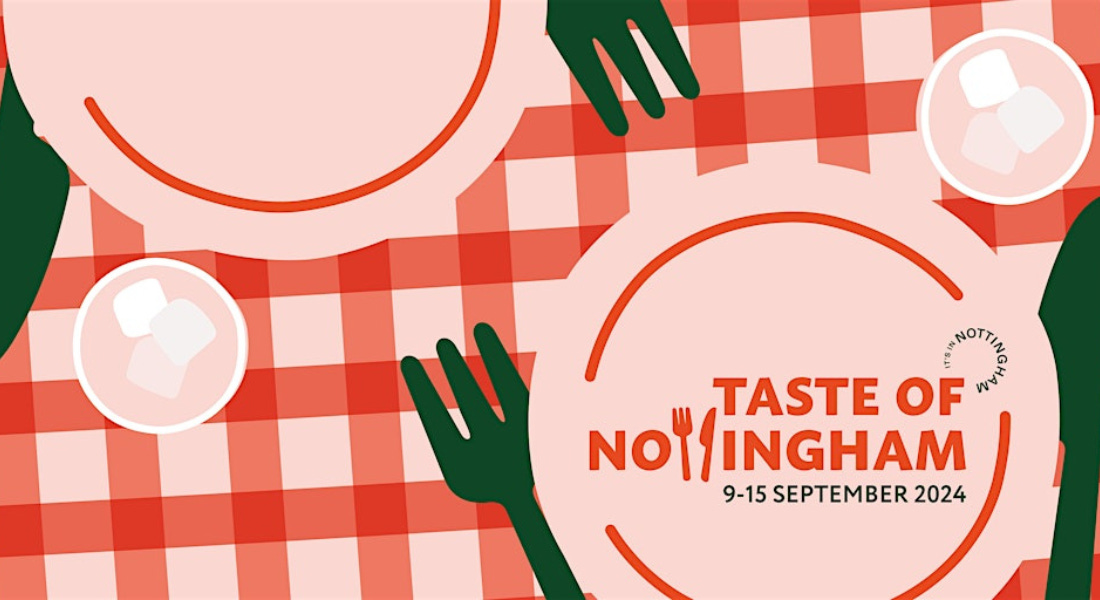 An illustration of a pink and gingham tablecloth with pink plates and green knives and forks on top