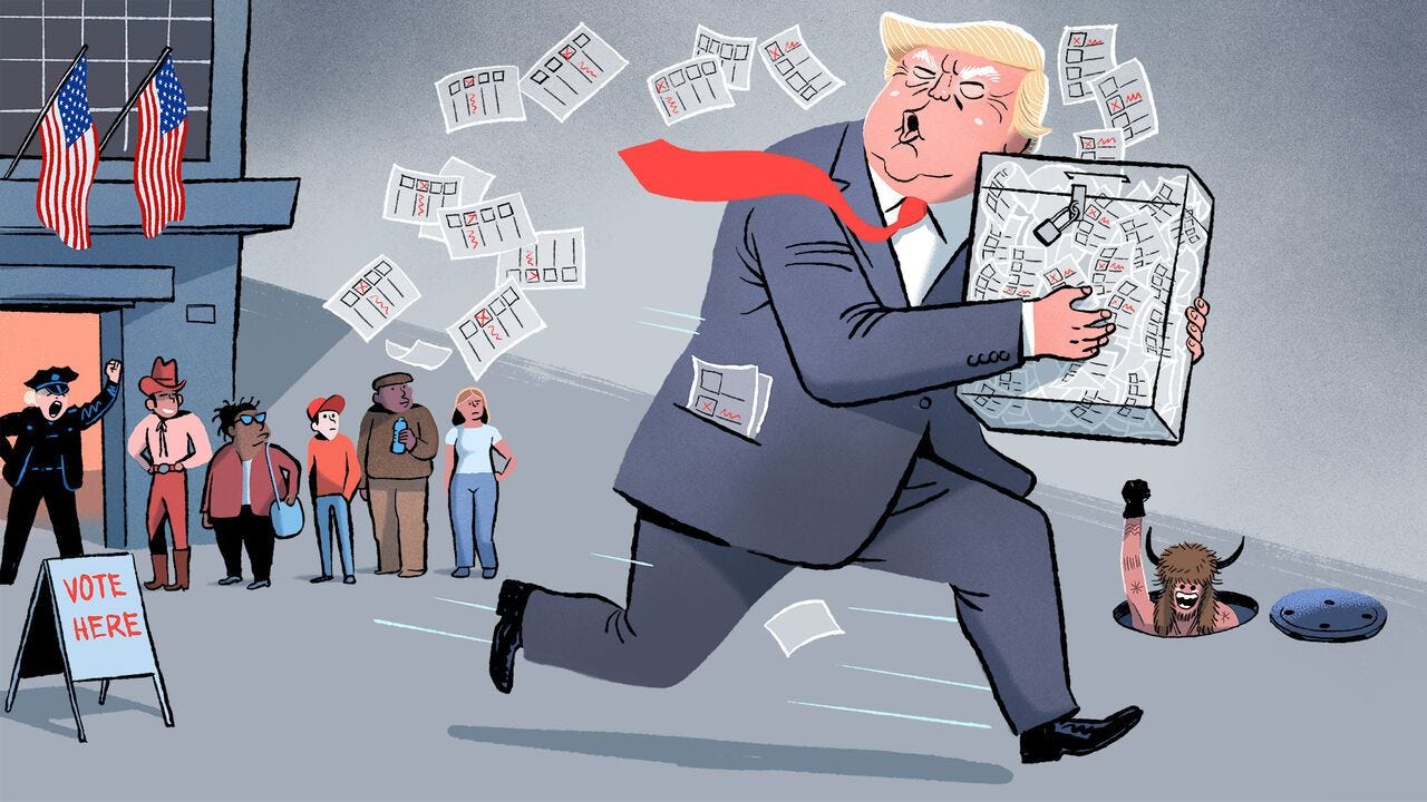 An illustration of Donald Trump running off with a ballot box, as if stealing it.