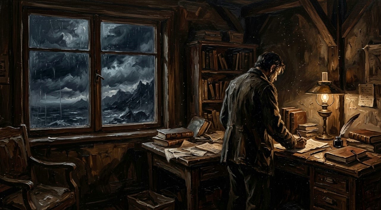 A man writes intensely at a cluttered wooden desk by the light of an oil lamp while a dark and violent storm rages over the sea outside his window. A man writes intensely at a cluttered wooden desk by the light of an oil lamp while a dark and violent storm rages over the sea outside his window.