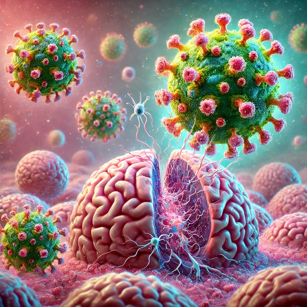 An illustration of the Zika virus attacking glioblastoma multiforme (GBM) cells. The image should depict the Zika virus particles (small, spherical, with a spiky outer surface) engaging with and infiltrating the brain cancer cells. Show the cancer cells being broken down and destroyed, with vibrant and clear colors indicating the contrast between the virus and the cancer cells. The background should be a subtle gradient that doesn't distract from the main action of the virus attacking the cancer cells.