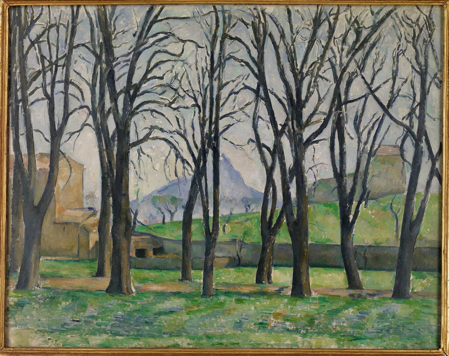 Oil painting depicting a serene landscape, with a series of barren trees in the foreground Oil painting depicting a serene landscape, with a series of barren trees in the foreground