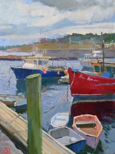 A painting of boats on water

Description automatically generated