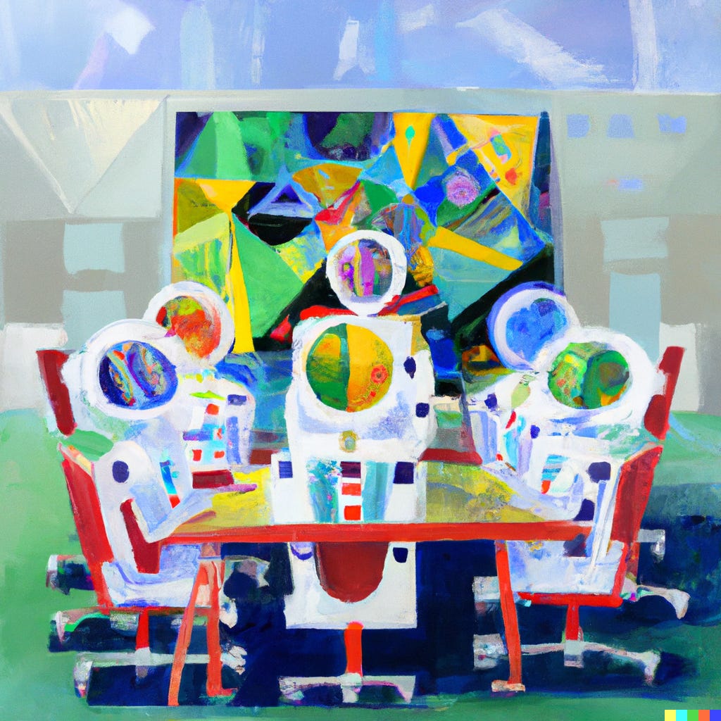 A bright futurist painting of Robots on a video conference