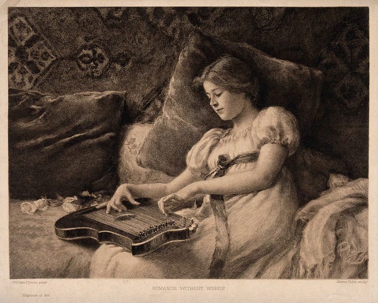 A girl leans against cushions on a sofa while playing a zither which she holds on her lap. Etching by James Dobie, 1891, after William Thorne. Wellcome Collection. Source: Wellcome Collection. For the Medical News Insider article Commentary: Social media use, depression and our need for answers A girl leans against cushions on a sofa while playing a zither which she holds on her lap. Etching by James Dobie, 1891, after William Thorne. Wellcome Collection. Source: Wellcome Collection. For the Medical News Insider article Commentary: Social media use, depression and our need for answers
