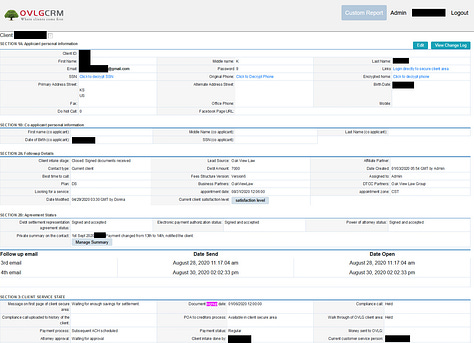 Redacted examples of the exposed documents on the database. Image 1 shows a patient registration form. Image 2 shows a screenshot of an entry in OVLGcrm. Image 3 shows a ROI doc. Image 4 shows a CURES report. Image 5 shows a patient report for Savantcare. Image 6 shows an Anthem Blue Cross insurance card.