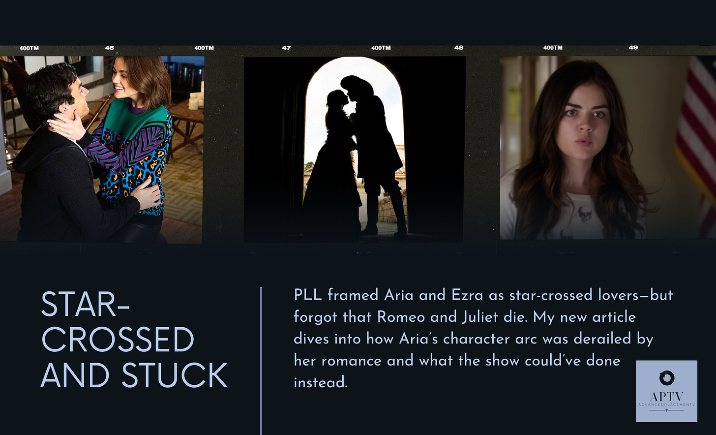 PLL framed Aria and Ezra as star-crossed lovers—but forgot that Romeo and Juliet die. My new article dives into how Aria’s character arc was derailed by her romance and what the show could’ve done instead.