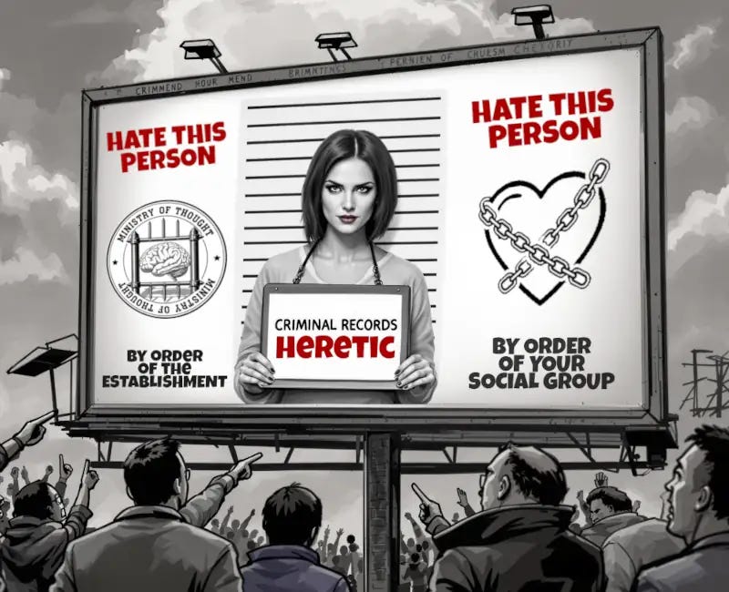 A group of angry people looking and pointing toward a billboard with a woman holding a criminal record card saying 'heretic'.