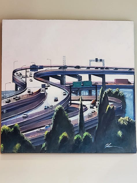 Collection of photos of paintings, art, ceramics, and a sweater.