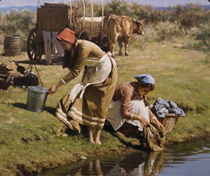 On left, a painting of women in aprons with oxen and wagon in background. the women are washing laundry in the river. on the right: a black and white photo of two young girls in period undergarments posing in their bedrooms, one standing to the left, the other stooping next to the bed. there is a caption under this one: soiled doves